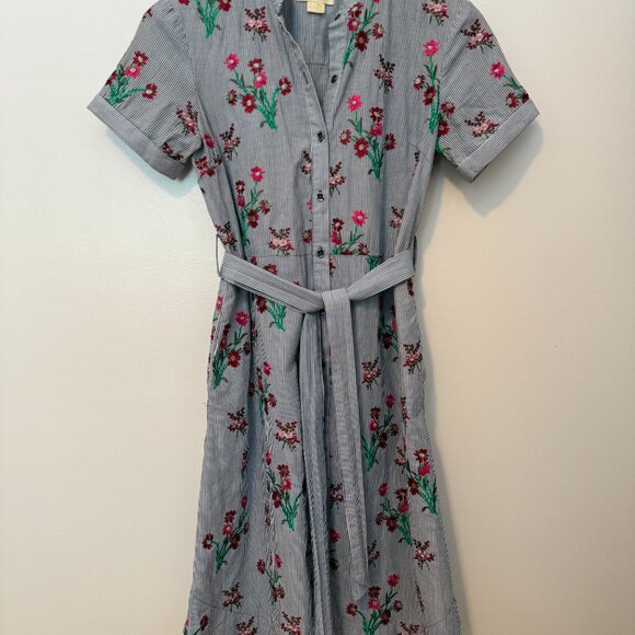 Maeve Anthropologie Floral Embroidered Striped Button up Shirt Dress - Size 0 - Picture 4 of 6